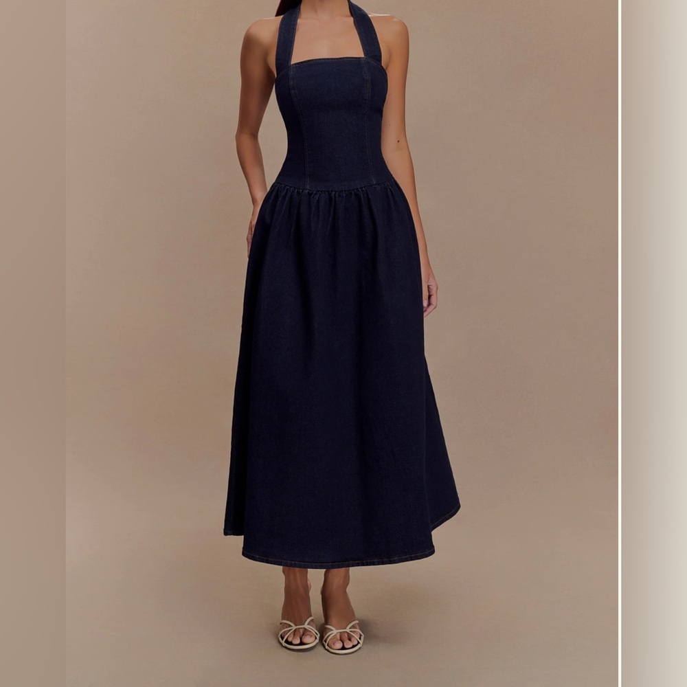 Meshki Navy Denim Midi Dress with Drop Waist - Never Worn - 99% cotton